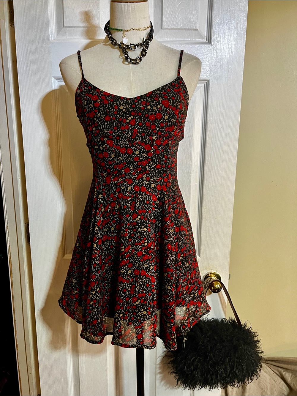 Papaya Wms Red Black Floral‎ Chiffon Lace Up V Neck Babydoll Mini Dress XS/S